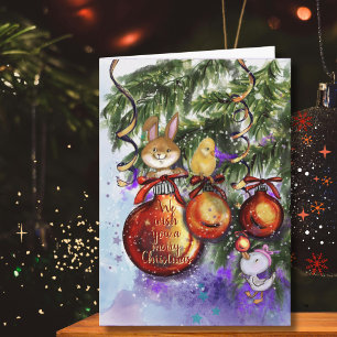 Kerstkaart met speelse konijn, kuiken en gans feestdagen kaart