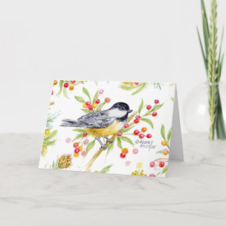Kerstkaart met takje van de mees en bessen aankondiging