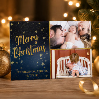 Kerstkaart met twee foto's in marineblauw en goud