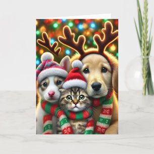 Kerstkaart met twee honden en een kat feestdagen kaart