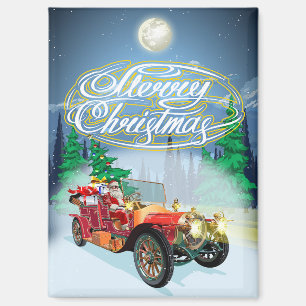 Kerstkaart met vintage auto en kerstman magneet