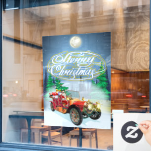 Kerstkaart met vintage auto en kerstman raamsticker