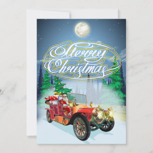 Kerstkaart met vintage auto en kerstman save the date