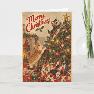 Kerstkaart met Vintage Grappige Kat | Retro Kerstm Kaart