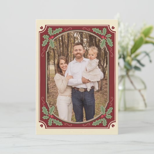 Kerstkaart met vintage-hollyrand (Staand voorkant)