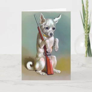 Kerstkaart met vintage hond met geweer feestdagen kaart