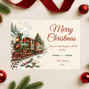 Kerstkaart met vintage kersttrein vrolijk kerstfee