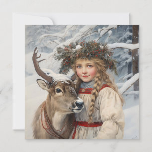 Kerstkaart met Vintage Meisje en Rendier