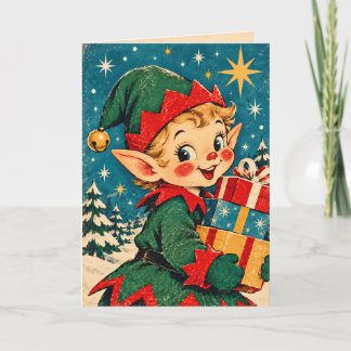 Kerstkaart met Vintage Retro Kerstelf Kaart