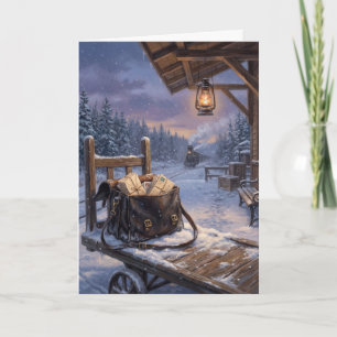 Kerstkaart met vintage trein depot postzak feestdagen kaart