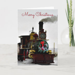 Kerstkaart met vintage trein en vrolijk kerstgroet feestdagen kaart