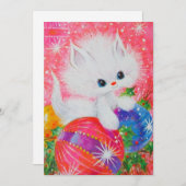 Kerstkaart met vintage witte katje (Voorkant / Achterkant)