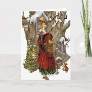 kerstkaart met vriendschapsgedicht, meisje en dier feestdagen kaart