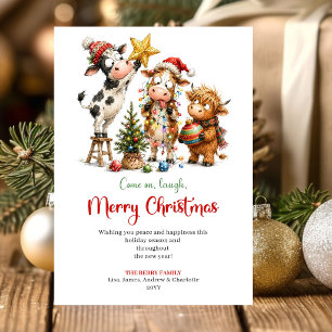 Kerstkaart met vrolijke excentrieke koeien