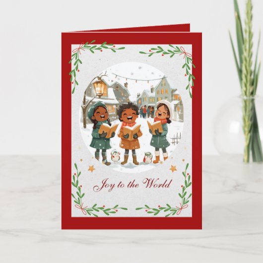 Kerstkaart met vrolijke kerstliedjeszangers feestdagen kaart (Voorkant)
