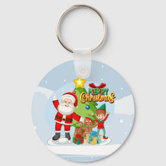 Kerstkaart met vrolijke Kerstman en vrienden Sleutelhanger