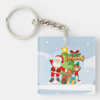 Kerstkaart met vrolijke Kerstman en vrienden Sleutelhanger