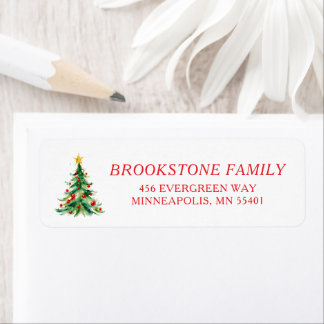 Kerstkaart met waterverf kerstboom in vintage stij etiket
