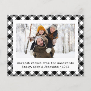 Kerstkaart met zwart-wit ruitjesmotief en foto