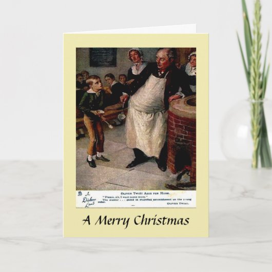 Kerstkaart - Oliver Twist vraagt om meer Kaart (Voorkant)