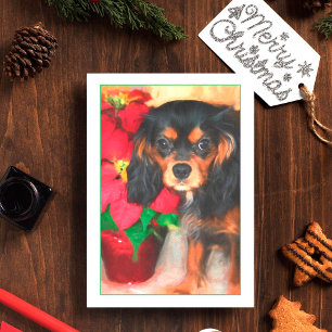 Kerstkaart Puppy Cavalier King Charles Poinsettia Feestdagen Kaart