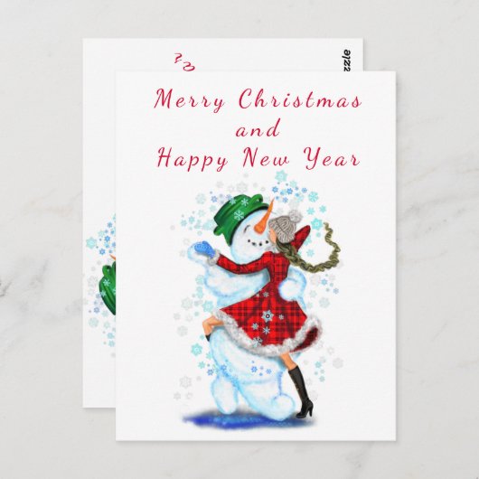 kerstKaart Snowman en Girl Dance - Fun Briefkaart (Voorkant / Achterkant)