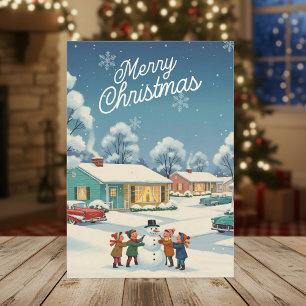 Kerstkaart uit 1950 – Kinderen & Sneeuwman