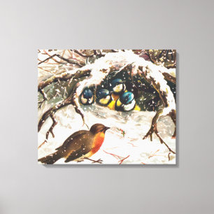 Kerstkaart uit het victoriaanse tijdperk, vogels canvas afdruk