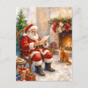 Kerstkaart van Kerstman die gezellig bij de haard Feestdagenkaart