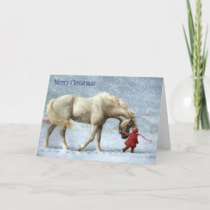 Kerstkaart van meisje en paard feestdagen kaart