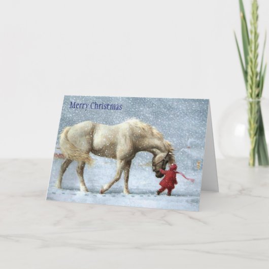 Kerstkaart van meisje en paard feestdagen kaart (Voorkant)
