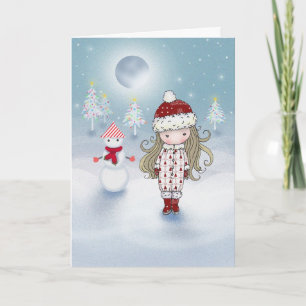 Kerstkaart van Meisje en Sneeuwman Feestdagen Kaart