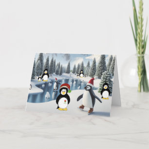 Kerstkaart van pinguïns op het ijs feestdagen kaart
