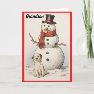 Kerstkaart voor kleinkind met sneeuwman en hond feestdagen kaart