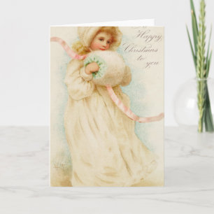 kerstkaart waarop een meisje met een muf is afgebe feestdagen kaart