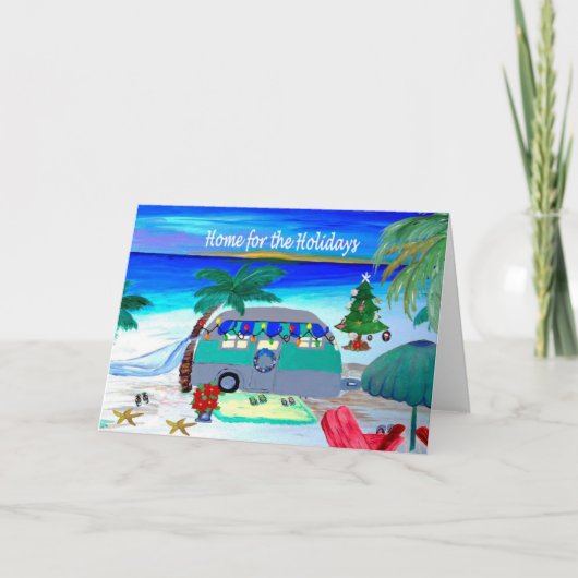 kerstkaarten met retro camper strand kaart (Voorkant)