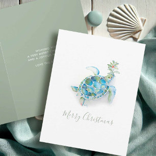 Kerstkaarten Strand Watercolor Zeeschildpad Feestdagen Kaart