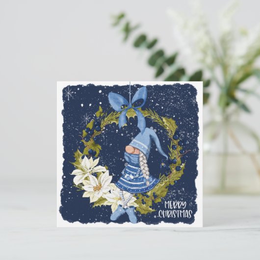 Kerstkabouter op krans kerstkaart (Staand voorkant)