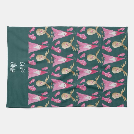 Kerstkabouters en rendieren met handschoenen theedoek (Horizontaal)