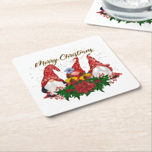 Kerstkabouters Poinsettia Whimsical Woodland  Vierkante Kartonnen Onderzetter