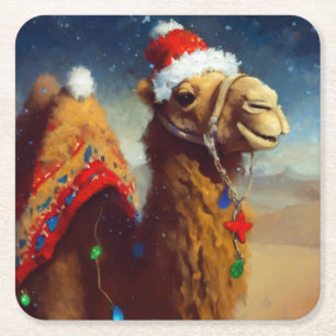 Kerstkameel 3 vierkante kartonnen onderzetter