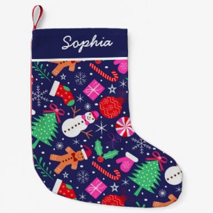 Kerstkarakters in preppy-stijl met strikken op don kleine kerstsok