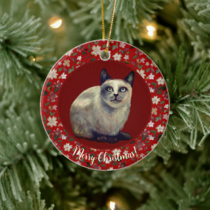 Kerstkat bloemig keramisch ornament