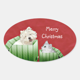 Kerstkat en hond ovale sticker
