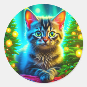 Kerstkat en kerstboom verlichting ronde sticker