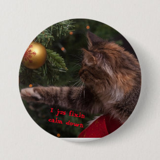 Kerstkat fixeert boom speld achter knoop ronde button 7,6 cm