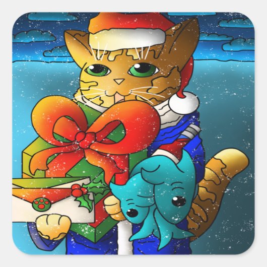 Kerstkat-gast Vierkante Sticker (Voorkant)