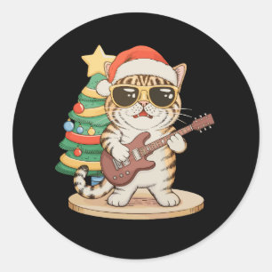 Kerstkat Gitaar spelend Rock Jazz Kersthoed Ronde Sticker