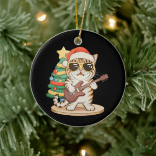 Kerstkat Gitaar spelend Rock Jazz Kerstmis Hoed Keramisch Ornament