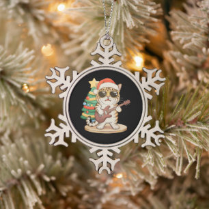 Kerstkat Gitaar spelend Rock Jazz Kerstmis Hoed Tin Sneeuwvlok Ornament